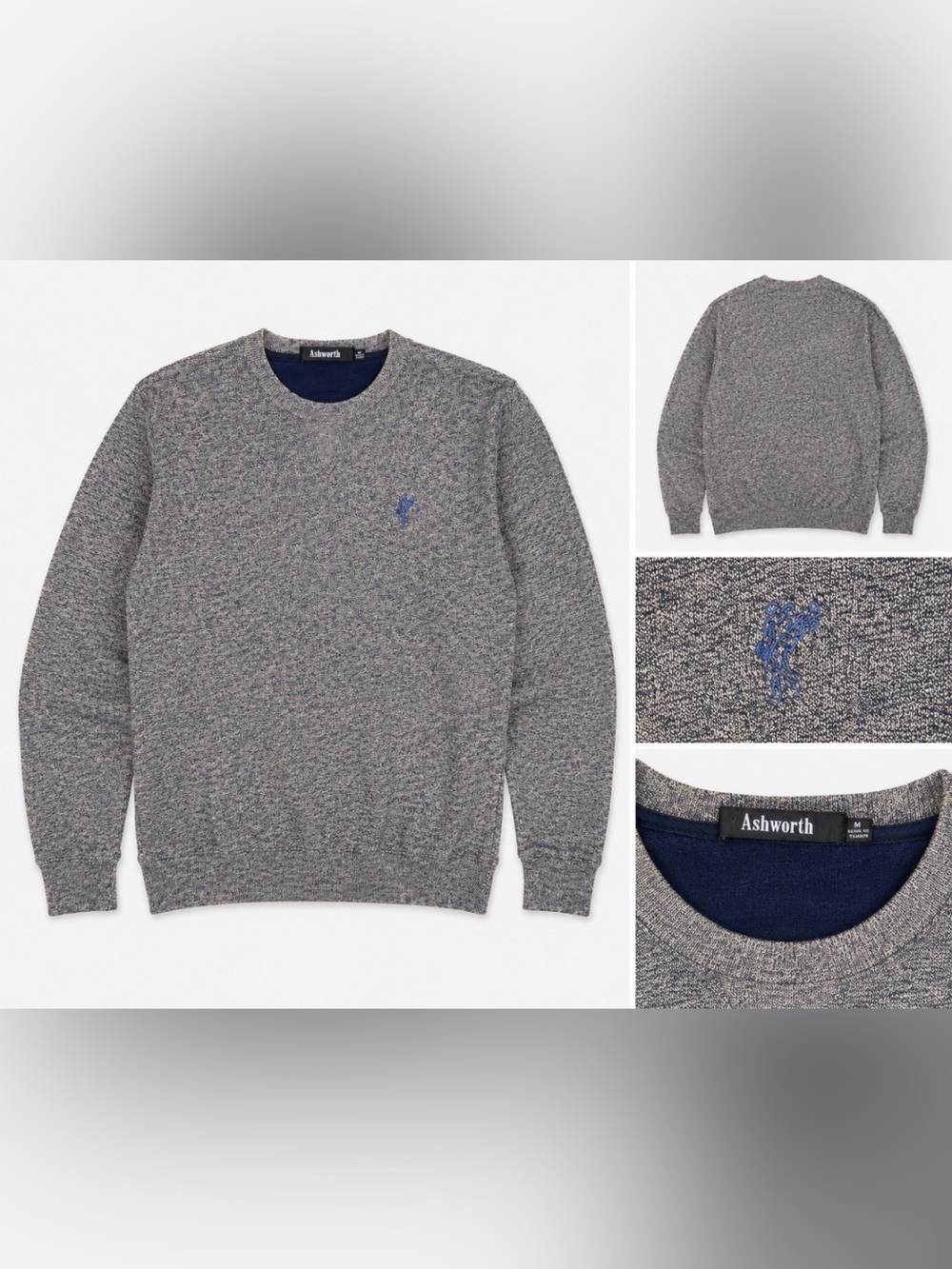 Ashworth Golf Crewneck Sweater Heathered Blue Gray (subtle charcoal/ tan)Men’s M